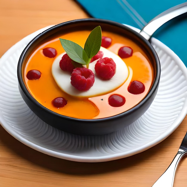 A bowl of orange soup with raspberries and a leaf on top of it.