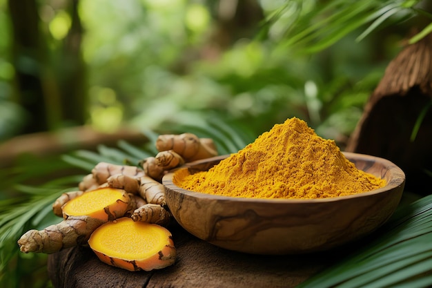 a bowl of orange turmeric sits on a wooden surface