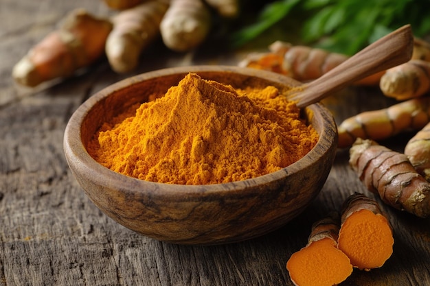 Photo a bowl of orange and white spices with a wooden spoon