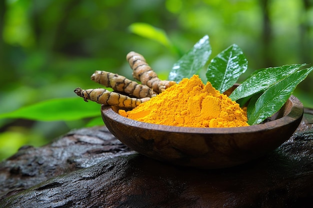 Photo a bowl of orange and yellow turmeric is on a tree branch