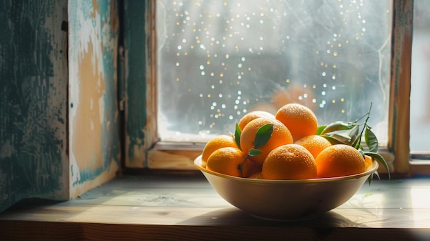 Photo a bowl of oranges with a bunch of leaves on it