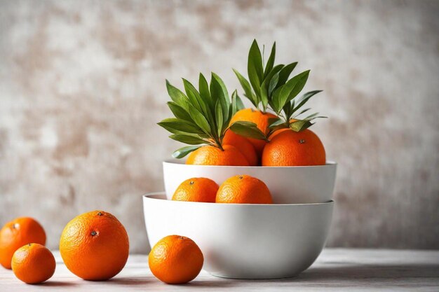 a bowl of oranges with a bunch of leaves on it