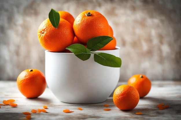 a bowl of oranges with a green leaf on it