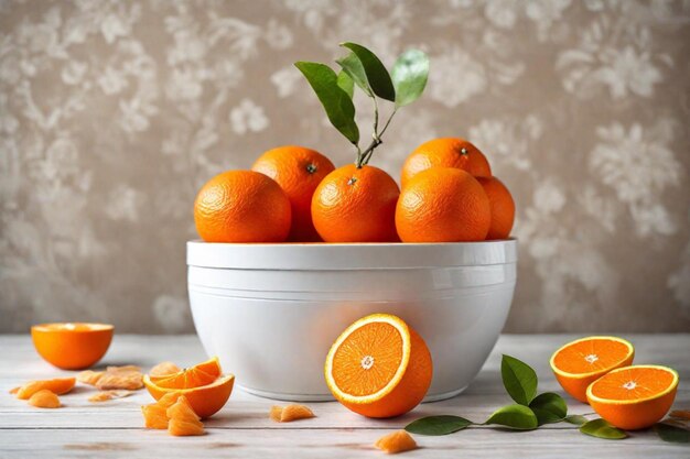 a bowl of oranges with a green leaf on the top