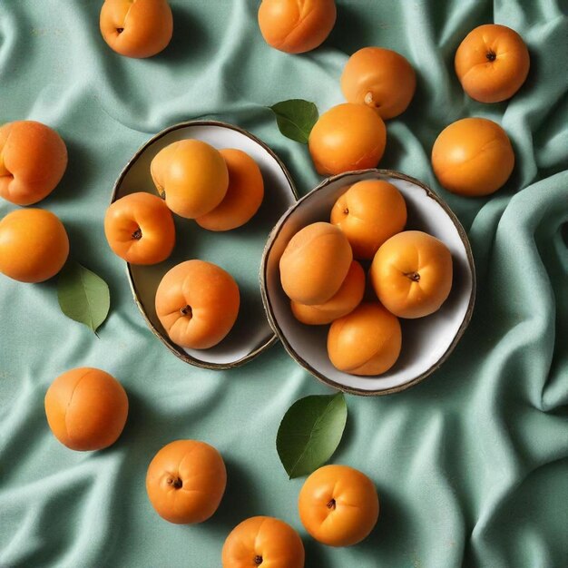 a bowl of oranges with leaves on a blue cloth