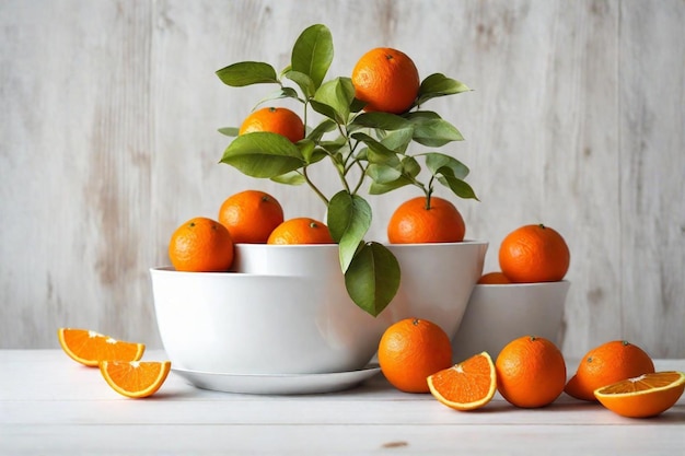 a bowl of oranges with a plant in it