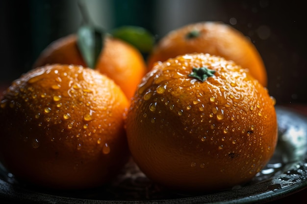 A bowl of oranges with water droplets on them