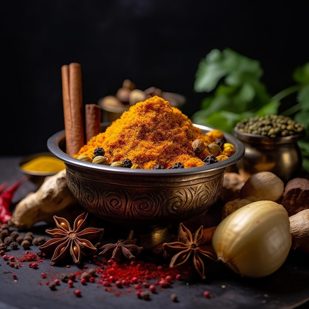 a bowl of oriental spices with a bowl of food on it.