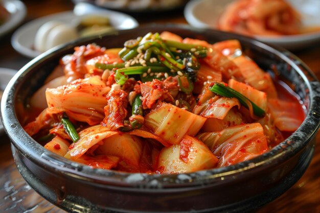 Photo a bowl overflowing with vibrant red kimchi showcasing the different ingredients napa cabbage radish garlic ginger and chili peppers