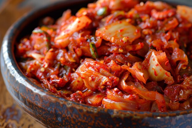 Photo a bowl overflowing with vibrant red kimchi showcasing the different ingredients napa cabbage radish garlic ginger and chili peppers