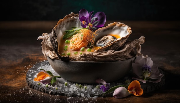 A bowl of oysters with a flower on the top