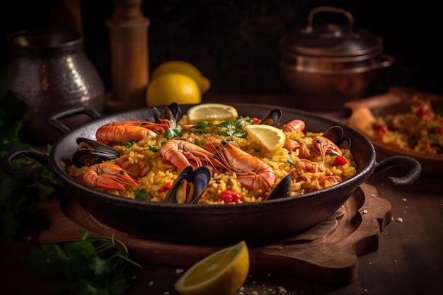 A bowl of paella with seafood and lemons on a wooden table.