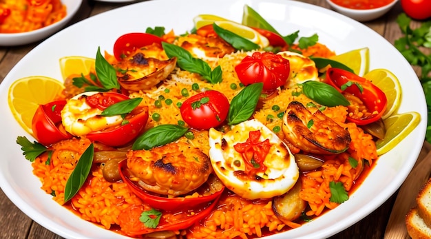 a bowl of Paella with tomato sauce