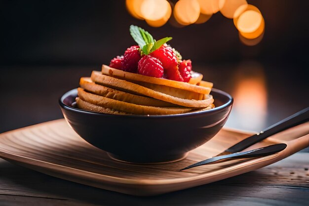 a bowl of pancakes with raspberries and a bowl of raspberry on the table