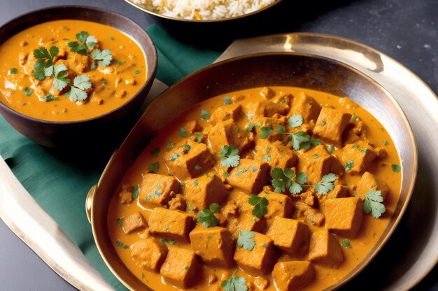 A bowl of paneer tikka masala with rice on the side.