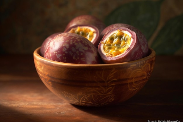 A bowl of passion fruit with a leaf on the bottom