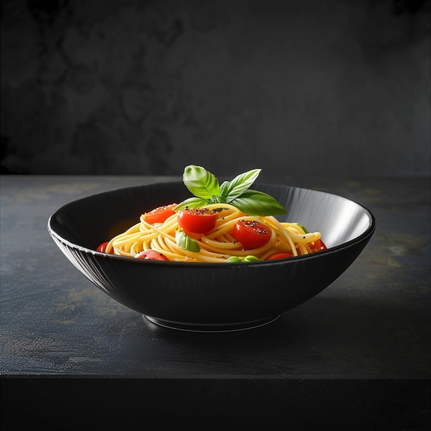 a bowl of pasta topped with fresh tomatoes and basil