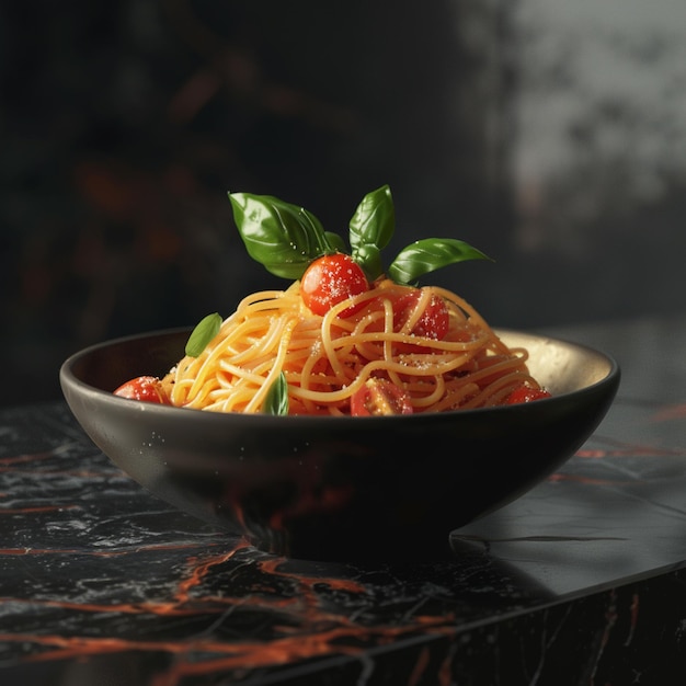 a bowl of pasta topped with fresh tomatoes and basil