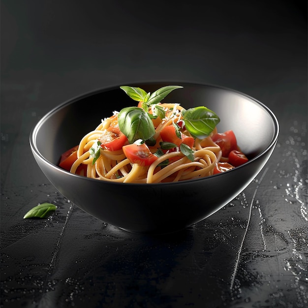 a bowl of pasta topped with fresh tomatoes and basil