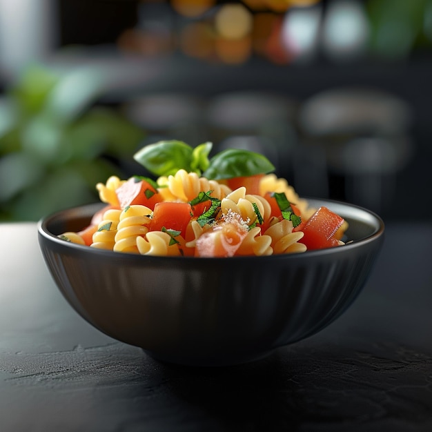 a bowl of pasta topped with fresh tomatoes and basil