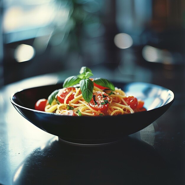 a bowl of pasta topped with fresh tomatoes and basil