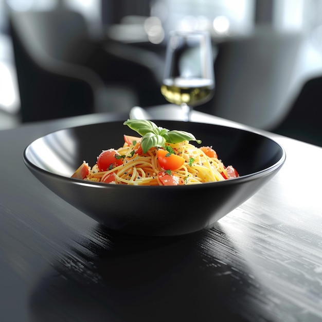 a bowl of pasta topped with fresh tomatoes and basil