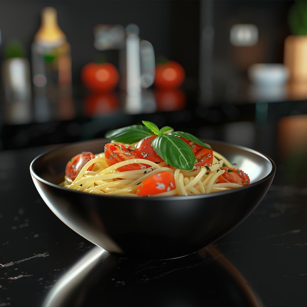 a bowl of pasta topped with fresh tomatoes and basil