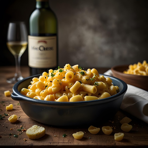 Photo a bowl of pasta with a bottle of capri wine next to a glass of wine