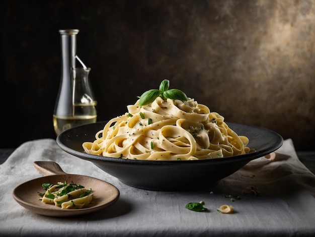 Photo a bowl of pasta with a bottle of olive oil next to it