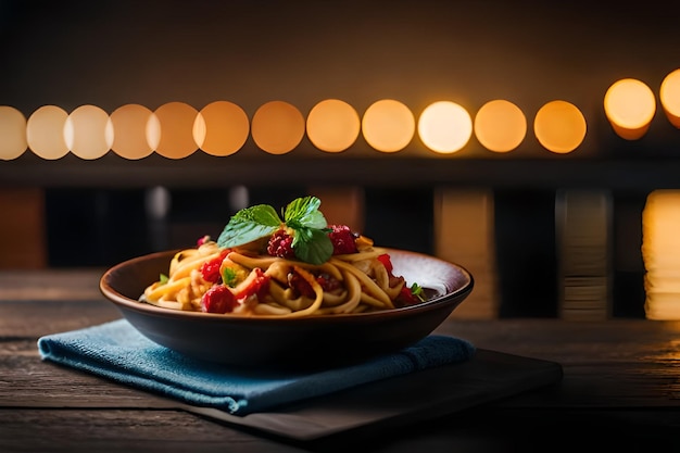 a bowl of pasta with a bowl of fruit on the table