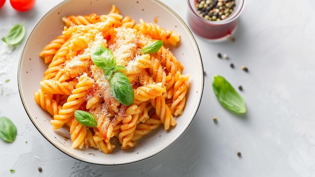 a bowl of pasta with cheese and basil next to it