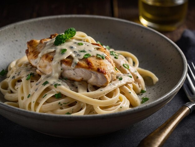 Photo a bowl of pasta with chicken and chicken with cheese and sauce