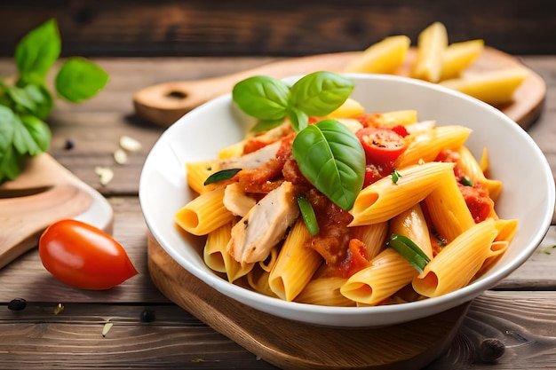 A bowl of pasta with chicken, tomato, and basil on a wooden table.