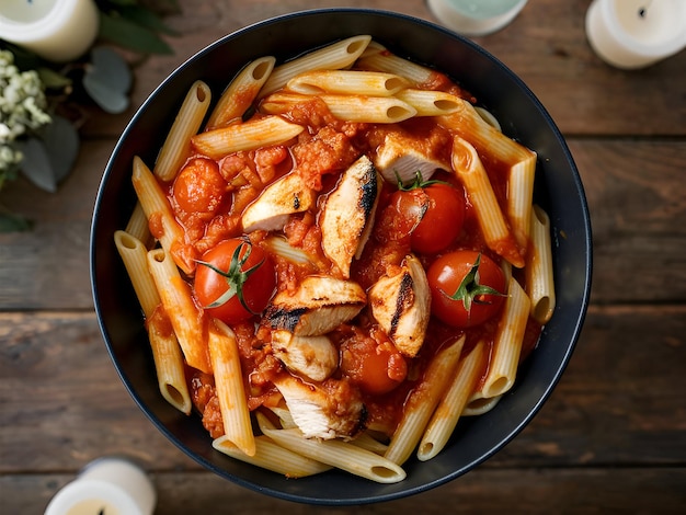 A bowl of pasta with chicken and tomatoes