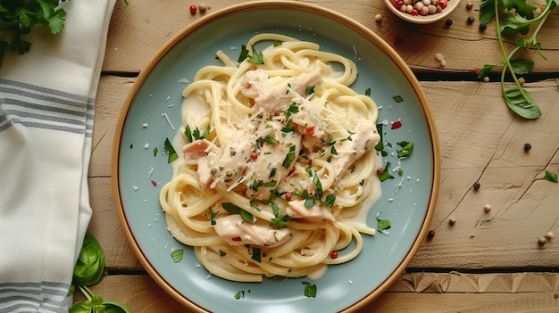 a bowl of pasta with chicken and vegetables on it