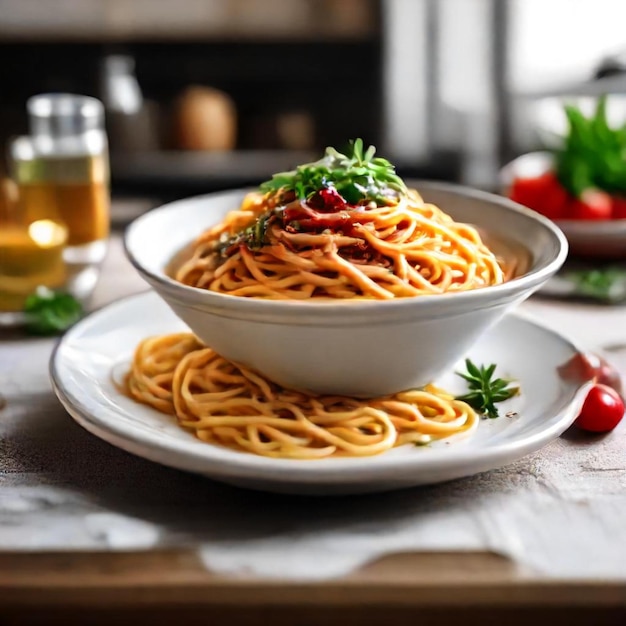 a bowl of pasta with a glass of beer next to it