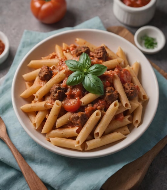 a bowl of pasta with a green leaf on top of it