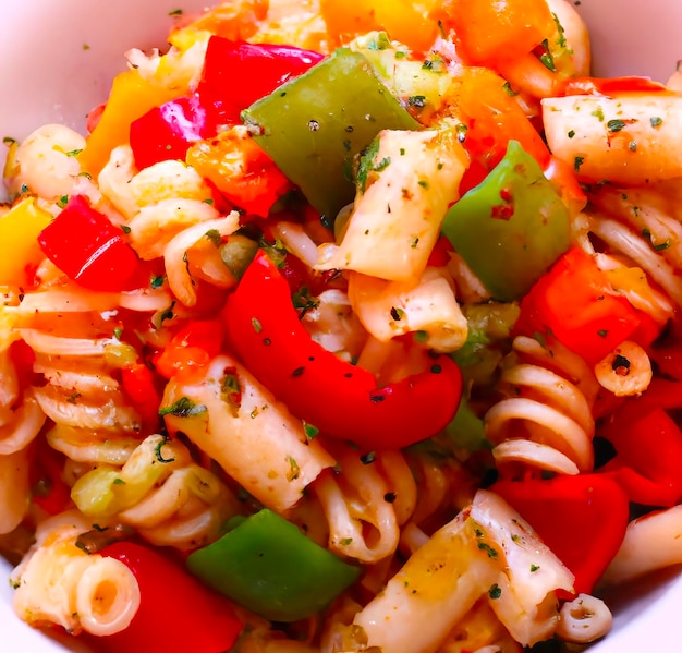 A bowl of pasta with a green pepper on top.