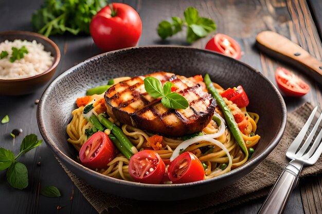 A bowl of pasta with a grilled meat and vegetables.