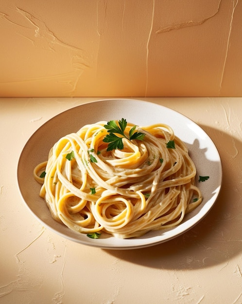 a bowl of pasta with a leaf on top of it