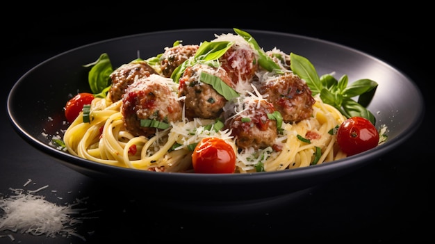 a bowl of pasta with meatballs and cheese