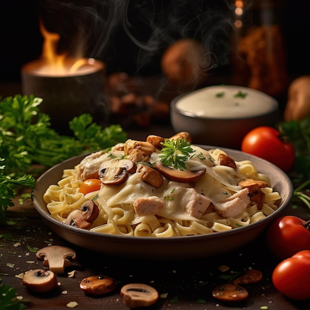 A bowl of pasta with mushrooms and mushrooms on a table