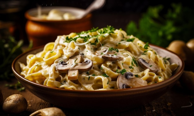 Bowl of pasta with mushrooms and parsley on table next to garlic Generative AI