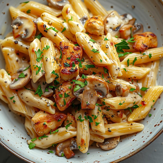 a bowl of pasta with mushrooms and parsley