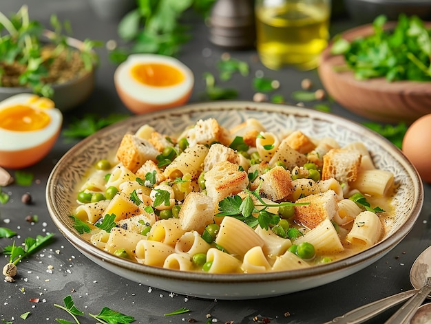 Bowl of pasta with peas and eggs