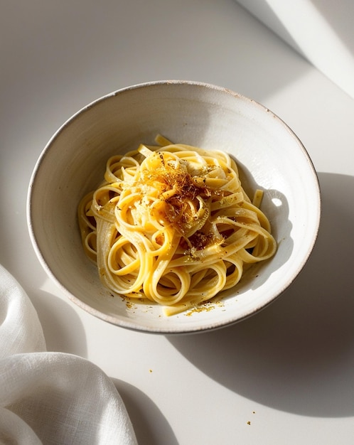 a bowl of pasta with a piece of chicken on top