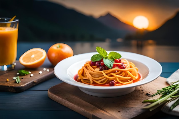 a bowl of pasta with a plate of fruit and an orange