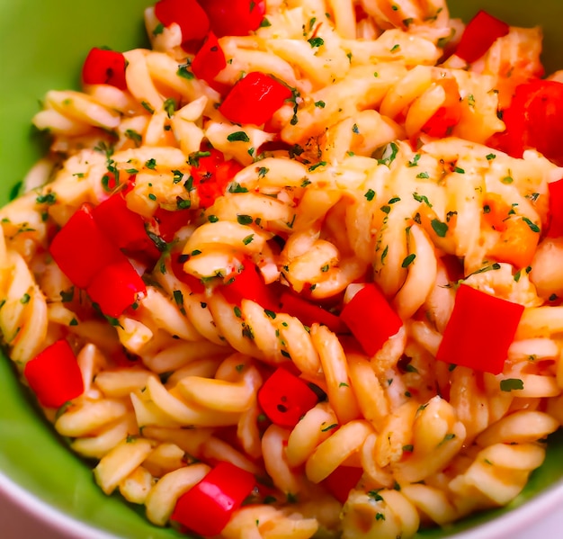 A bowl of pasta with red pepper and parsley on top.