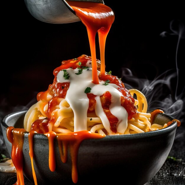 A bowl of pasta with sauce and sauce on it