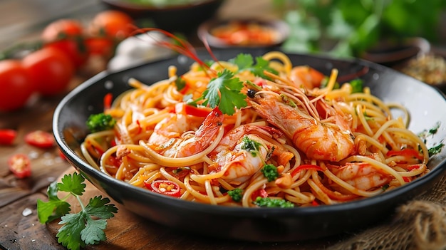 a bowl of pasta with shrimp and vegetables on a table